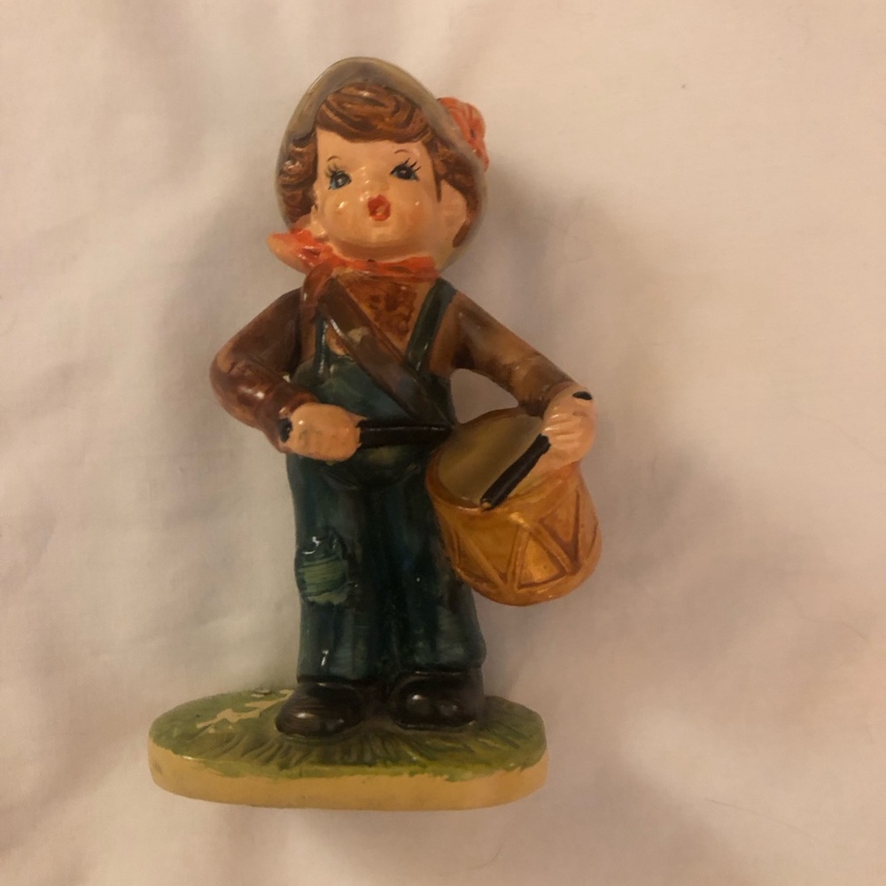 Vintage Ceramic Little Drummer Boy Figurine in Brown, Green & Yellow